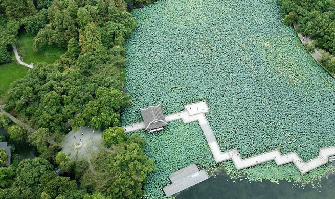 Aerial view of West Lake scenic area in Hangzhou, E China's Zhejiang