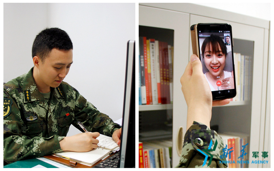 &uarr;陳德正，武警北京總隊(duì)七支隊(duì)某中隊(duì)指導(dǎo)員。七夕前夜堅(jiān)守在值班崗位上的他，在結(jié)束值班后給妻子打了個視頻電話，通過網(wǎng)絡(luò)表達(dá)著對妻子的愛意。閆星辰 攝