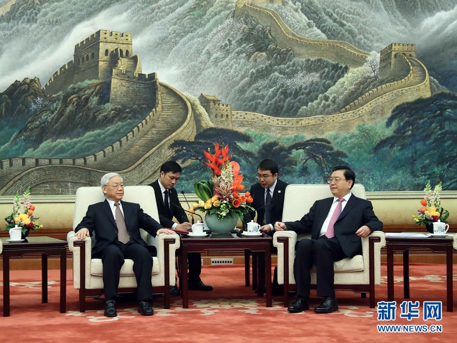 1月13日，中共中央政治局常委、全國人大常委會委員長張德江在北京人民大會堂會見越共中央總書記阮富仲。 新華社記者 劉衛(wèi)兵 攝