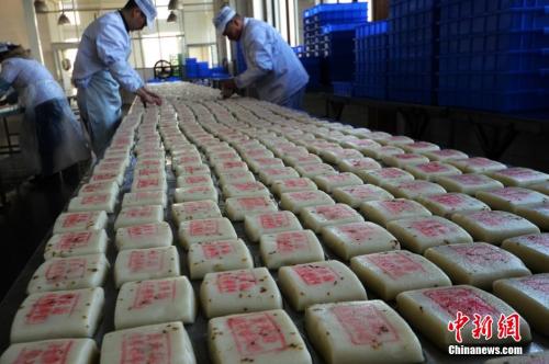 資料圖：師傅們在把制作好的桂花糖年糕擺放整齊。王思哲 攝