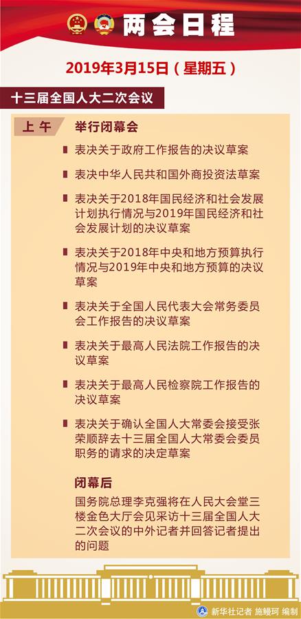 （圖表）[兩會日程預告]3月15日兩會日程