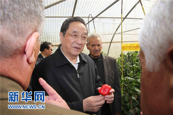 11月8日，正在約旦進(jìn)行正式友好訪問的全國政協(xié)主席俞正聲在約旦河谷參觀碩果農(nóng)業(yè)合作社。 新華社記者 劉衛(wèi)兵 攝 