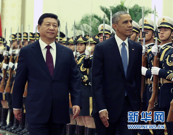11月12日，國家主席習(xí)近平在北京人民大會堂舉行歡迎儀式，歡迎美國總統(tǒng)奧巴馬對中國進行國事訪問。 新華社記者 龐興雷 攝