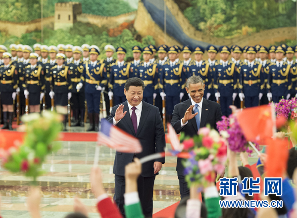 11月12日，國家主席習(xí)近平在北京人民大會堂舉行歡迎儀式，歡迎美國總統(tǒng)奧巴馬對中國進行國事訪問。 新華社記者 黃敬文 攝