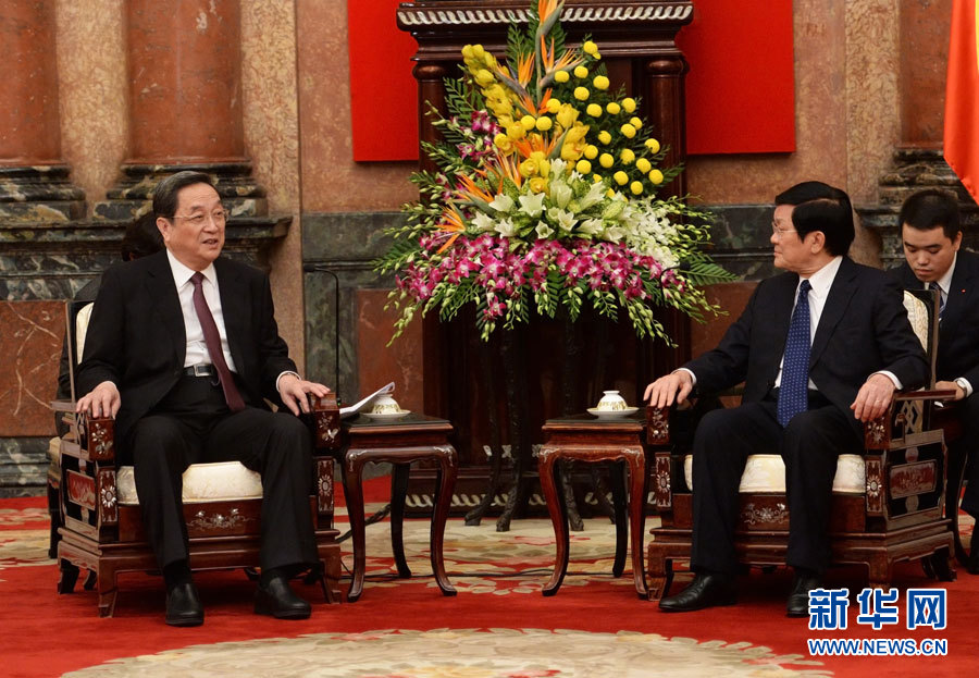 12月25日至27日，中共中央政治局常委、全國(guó)政協(xié)主席俞正聲對(duì)越南進(jìn)行正式訪問(wèn)。這是12月26日，俞正聲在河內(nèi)會(huì)見(jiàn)越南國(guó)家主席張晉創(chuàng)。 新華社記者劉建生攝