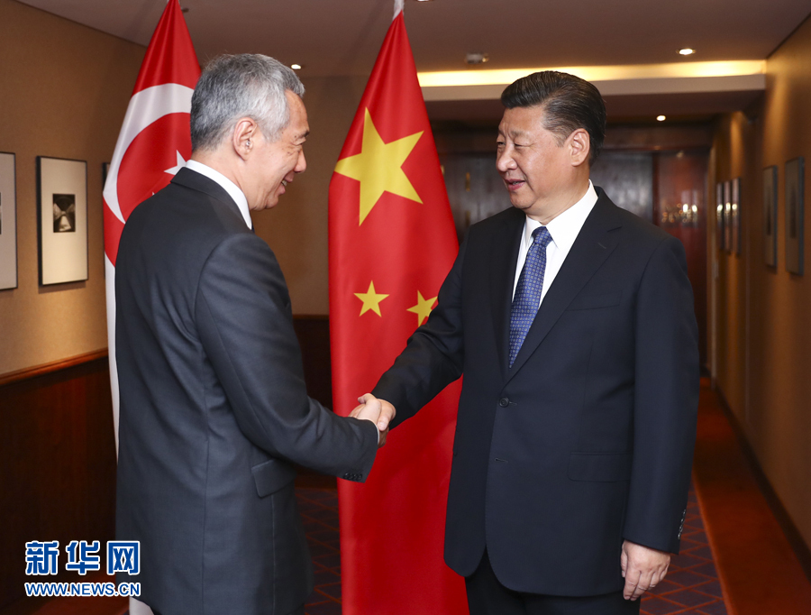 7月6日，國家主席習(xí)近平在漢堡會(huì)見新加坡總理李顯龍。 新華社記者謝環(huán)馳 攝